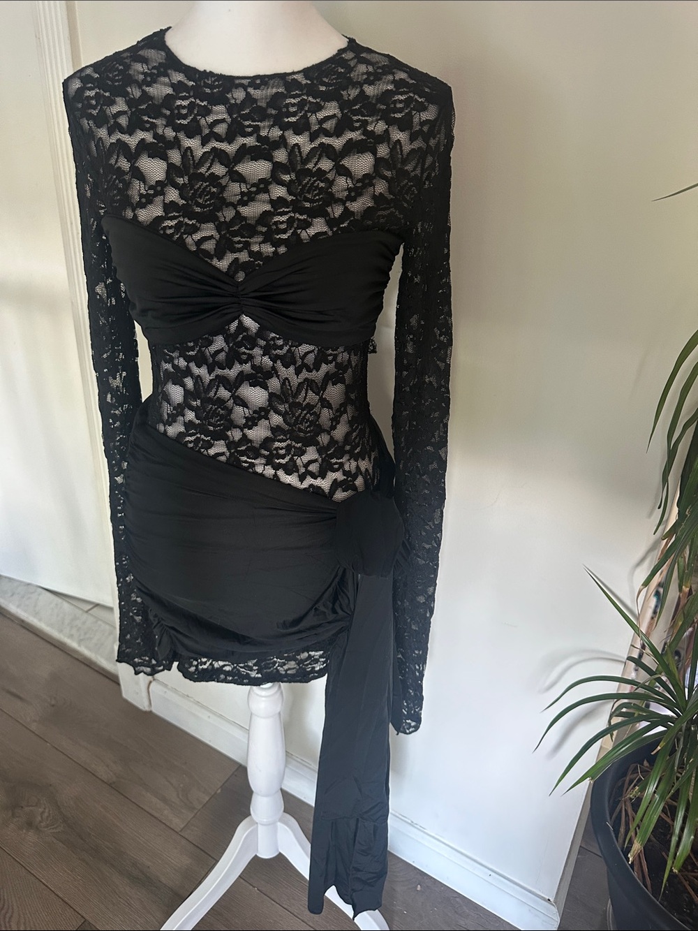 Lioness Black Lace Long-Sleeve Twist Mini Dress